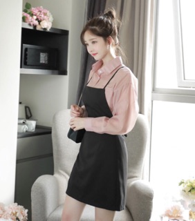 Set yếm đen + áo sơ mi hồng (kèm hình thật)