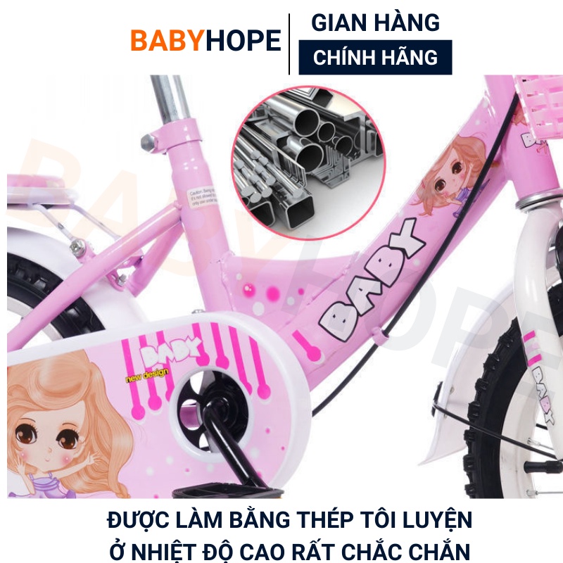 Xe đạp trẻ em size 12 - 14 -16 inch cho bé  từ 2 đến 8 tuổi có bánh phụ giỏ xe, còi BABYHOPE