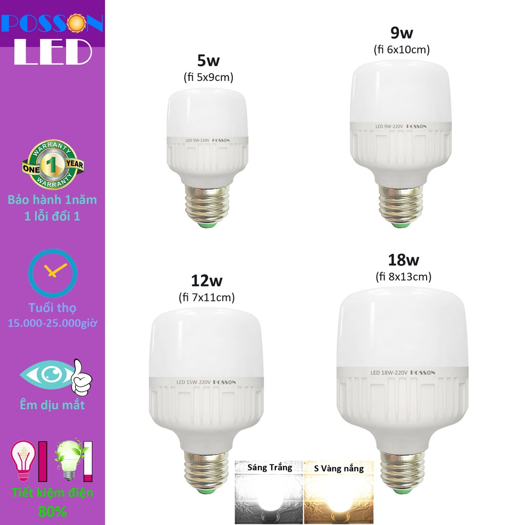 Bóng đèn Led trụ 5w 9w 10w 12w 18w bup trụ bulb tiết kiệm điện kín chống nước Posson LC-N5-18x