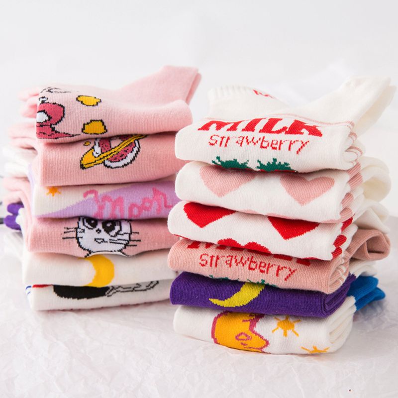 Vớ Thuyền Miệng Nông In Họa Tiết Hoạt Hình / Dâu Tây / Sữa Dễ Thương Cho Nữ