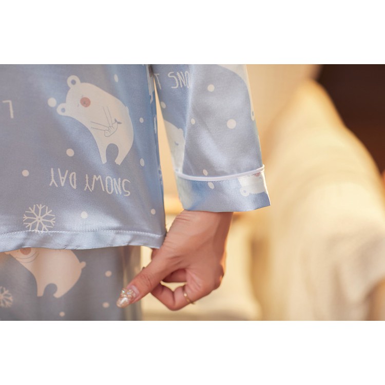 Bộ Lụa Dài Tay Đồ Mặc Nhà ✿ Đồ Ngủ Lụa Nữ Cổ Tim Họa Tiết Gấu Tuyết Mát Mẻ Thoải Mái ✿ IVY077