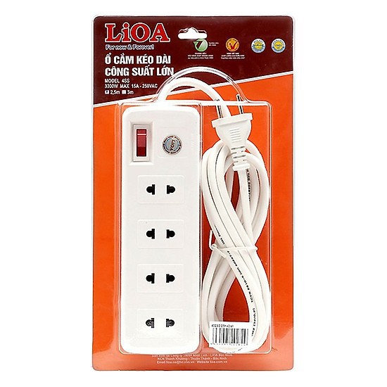 Ổ cắm Lioa công suất lớn (4 lỗ 2 chấu, dây 2.5m)