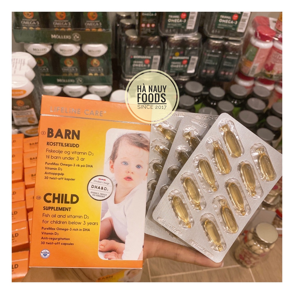 Dầu cá Kim Cương LIFELINE CARE BARN Omega 3, Vitamin D3 cho bé nội địa Na Uy - hộp 30 viên