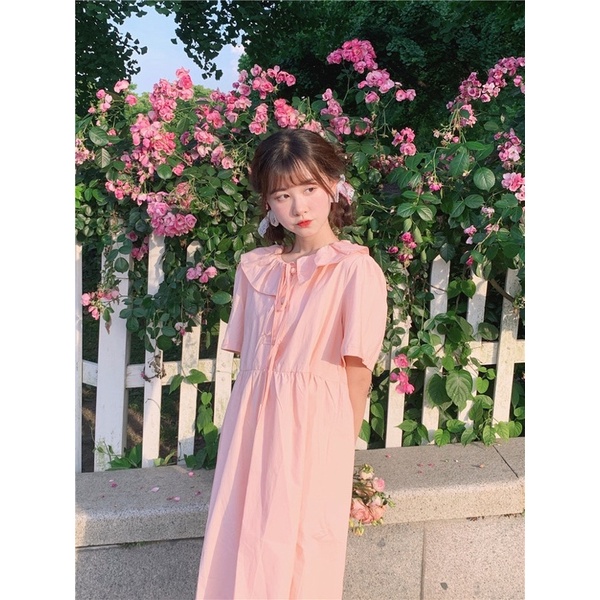 Váy babydoll dáng dài cổ chiếc lá cách điệu thắt nơ pastel dễ thương ulzzang Hàn Quốc [Yannie]