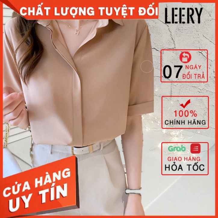 Áo sơ mi nữ công sở cao cấp kiểu Hàn Quốc form rộng đẹp ngắn tay màu Trắng Đen Be Xanh LEERY SM-02 - Hàng nhập khẩu