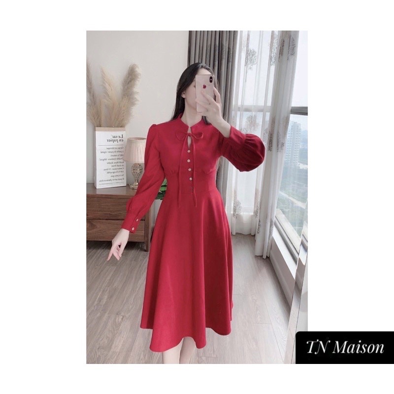 VÁY NHUNG/ĐẦM NHUNG TĂM ĐỎ DÁNG XOÈ CỔ TẦU DÚM NGỰC