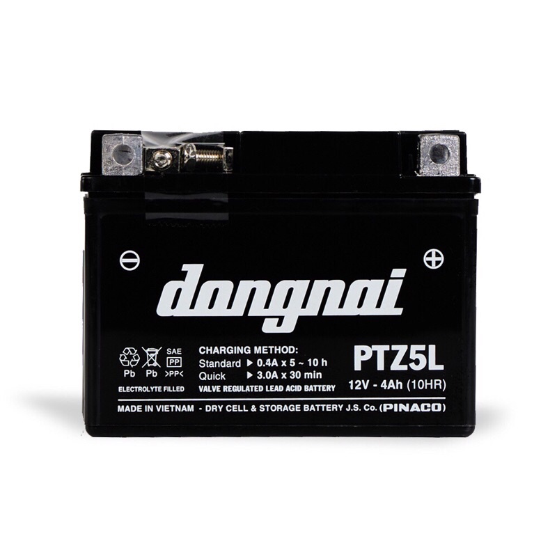 Bình acquy xe máy khô miễn bảo dưỡng Đồng Nai PTZ5L | 12V - 4Ah, ắc quy xe máy honda 12v.