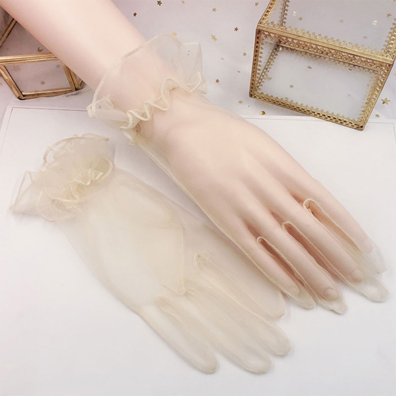 Găng tay lưới tuyn mỏng full ngón viền bèo dài tới cổ tay màu trơn thời trang dự tiệc/tiệc cưới vintage cho nữ/cô dâu