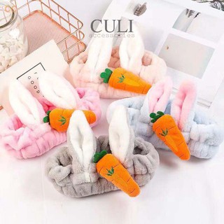 Băng đô rửa mặt, Bờm cài tóc tai thỏ đính củ cà rốt siêu đáng yêu, vải lông mềm mại, style Hàn Quốc xinh xắn