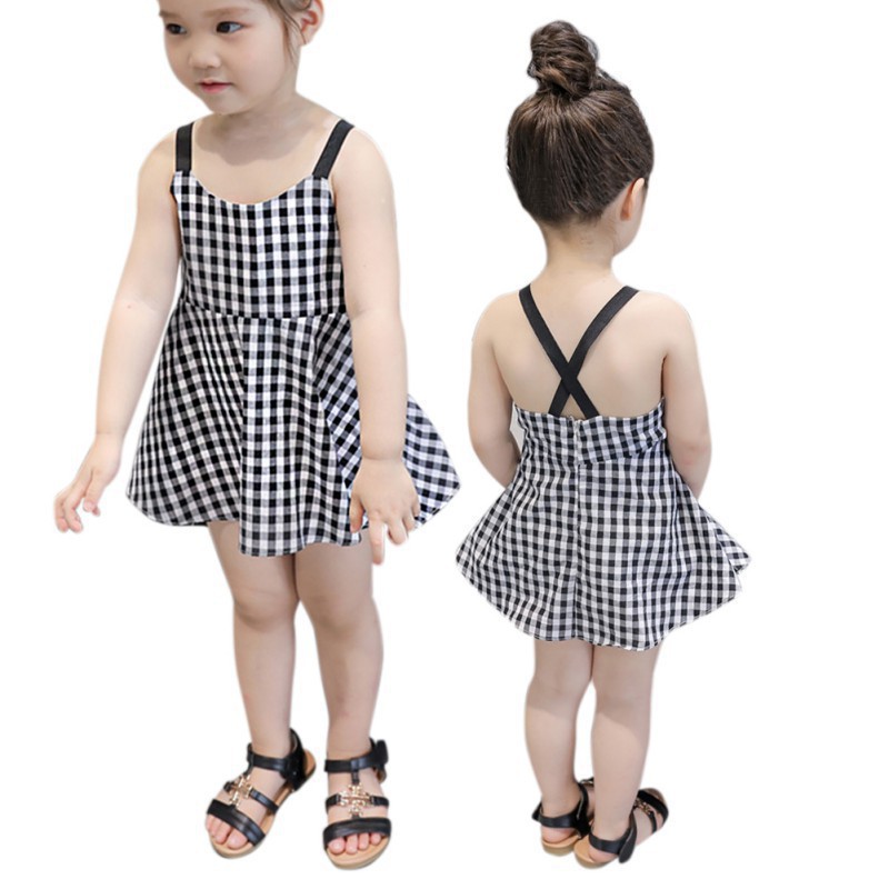 Đầm Yếm 2 Dây Kẻ Ca Rô Cho Bé
