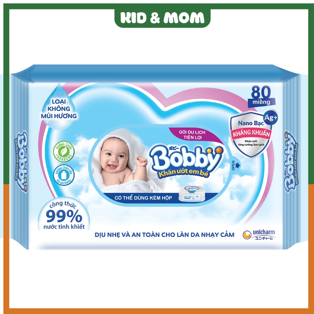 Khăn ướt Bobby không mùi hương có Nano bạc kháng khuẩn, khăn giấy ướt Bobby