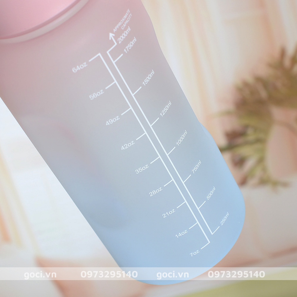 Bình đựng nước 2 lít có ống hút chia vạch nhắc nhở uống nước cute dễ thương