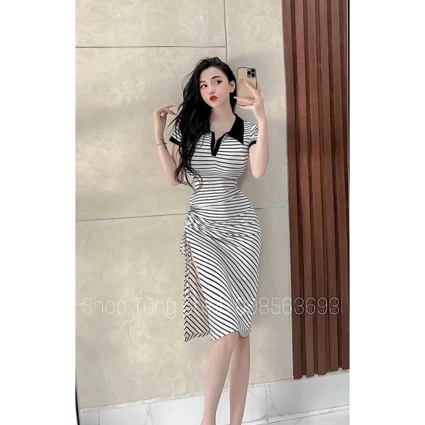 [8.8 Sales Freeship] Đầm thun gân nữ cổ bẻ , đầm thun tay ngắn kẻ sọc ngang ôm body rút dây xẻ tà sexy, tôn dáng