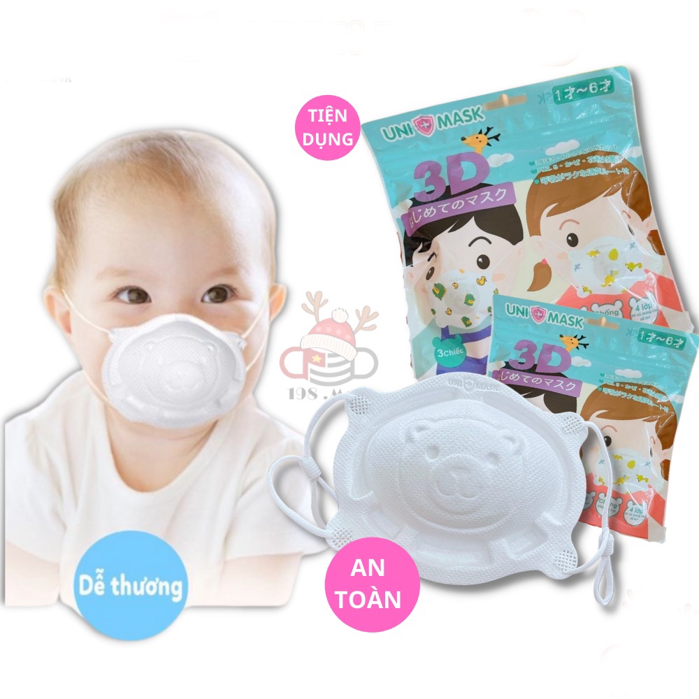 Hộp 3 khẩu trang gấu Uni Mask cho bé 1 - 3 tuổi (có nút chỉnh dây đeo)