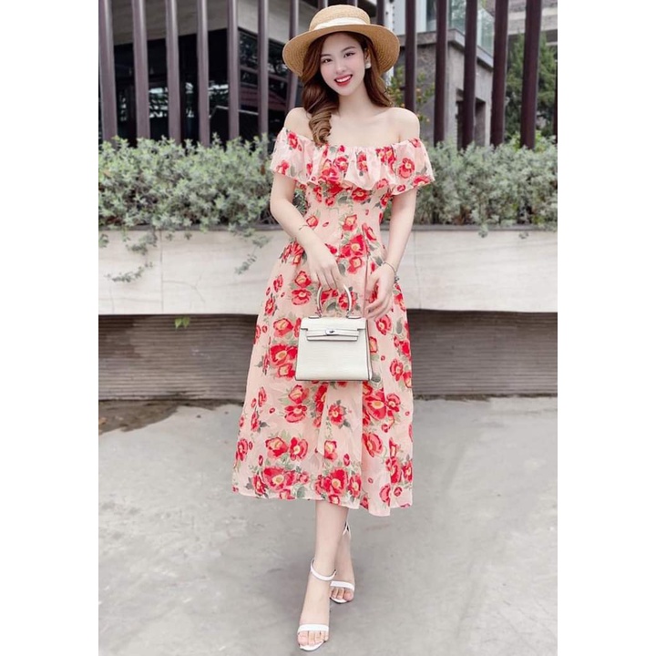 Váy hoa thiết kế dáng dài TOPFASHION chất liệu voan cao cấp, đầm tiểu thư trễ vai phù hợp đi biển, chơi