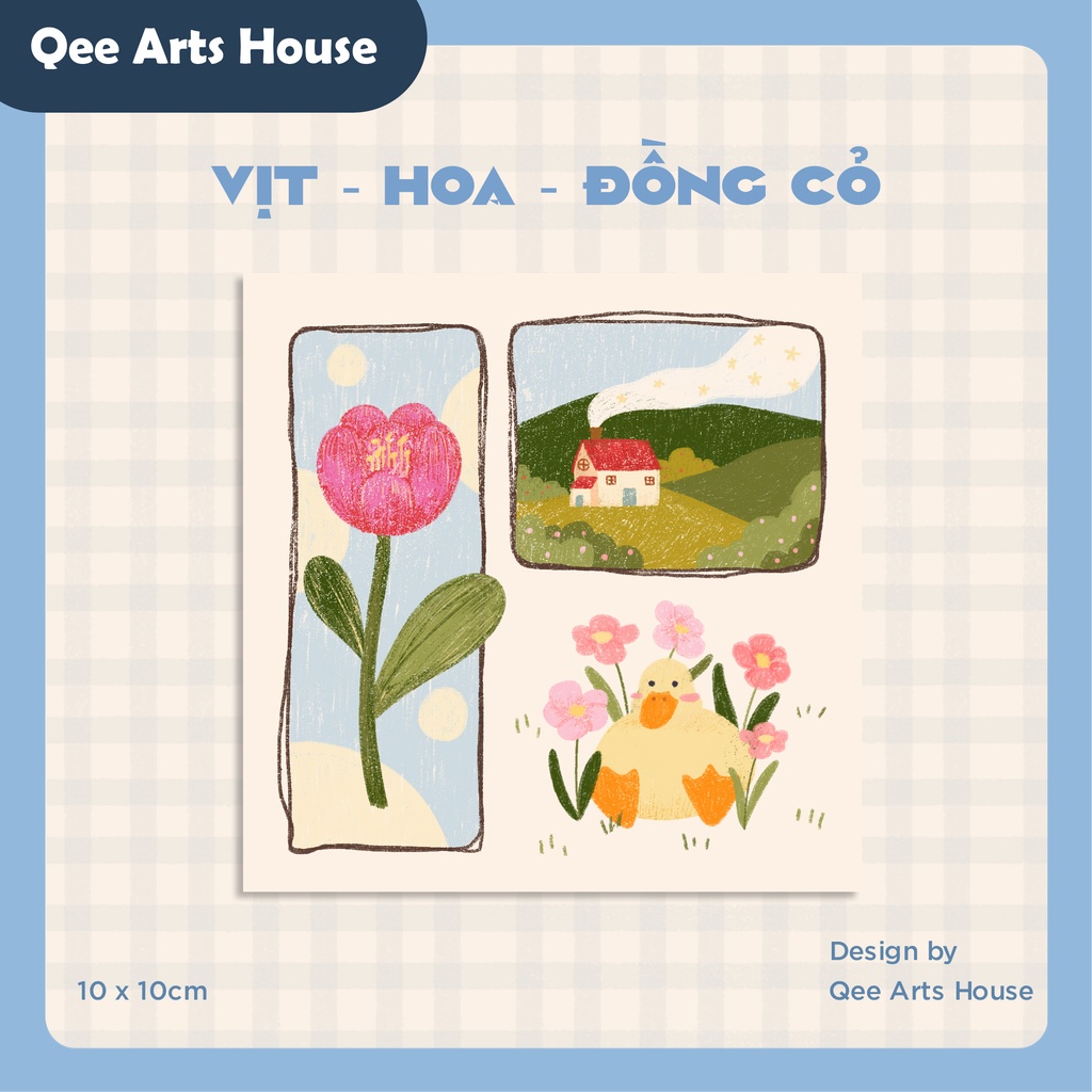 Postcard, bưu thiếp, thiệp decor trang trí " Vịt - Hoa - Đồng cỏ " KT (10x10cm) | Hàng độc quyền Qee Arts House |