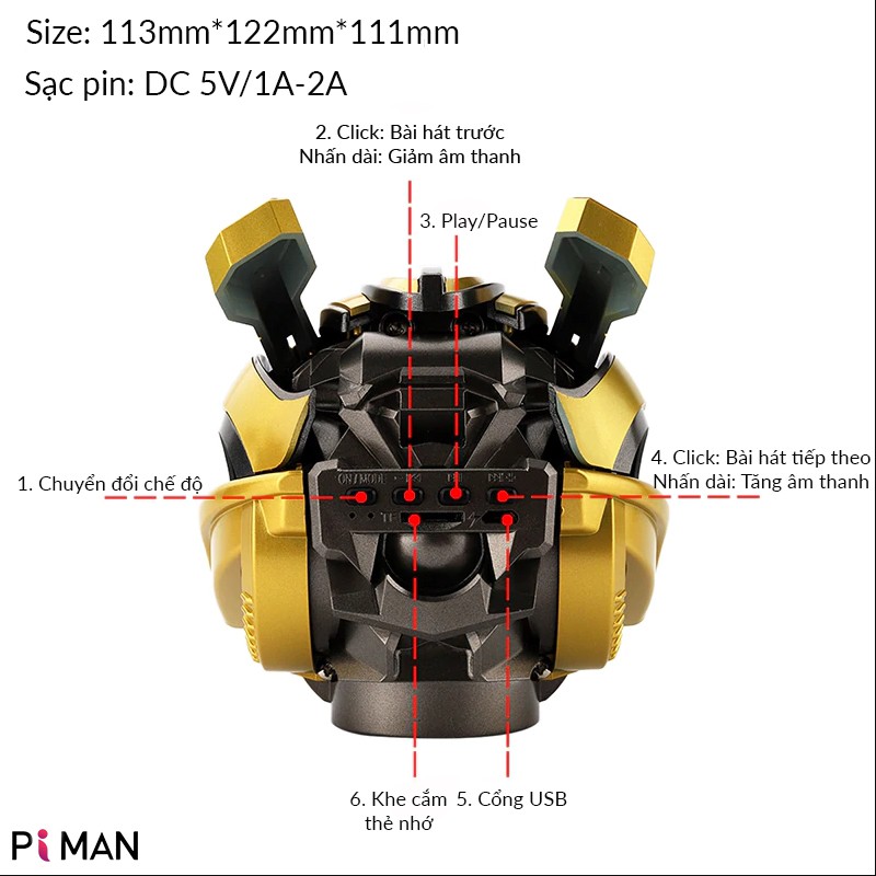 Loa Bluetooth Mini Bumblebee Piman Không Dây Xách Tay Nghe Nhạc Hay Âm Thanh Chất Lượng Tốt Mắt Có Đèn LED Xanh P113