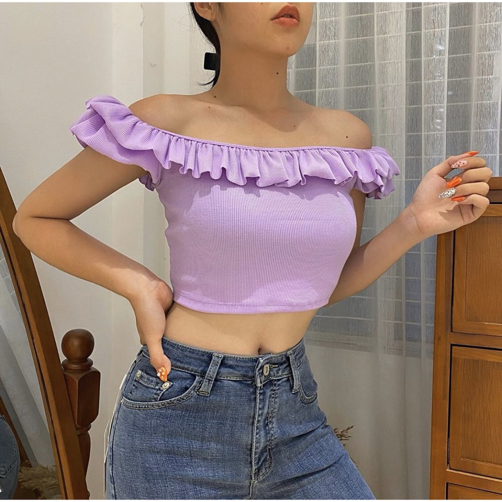 ÁO CROPTOP TRỄ VAI VIỀN BÈO MẶC 2 KIỂU CHẤT LEN TĂM ULZZANG 6 MÀU ĐEN TRẮNG VÀNG HỒNG TÍM XANH