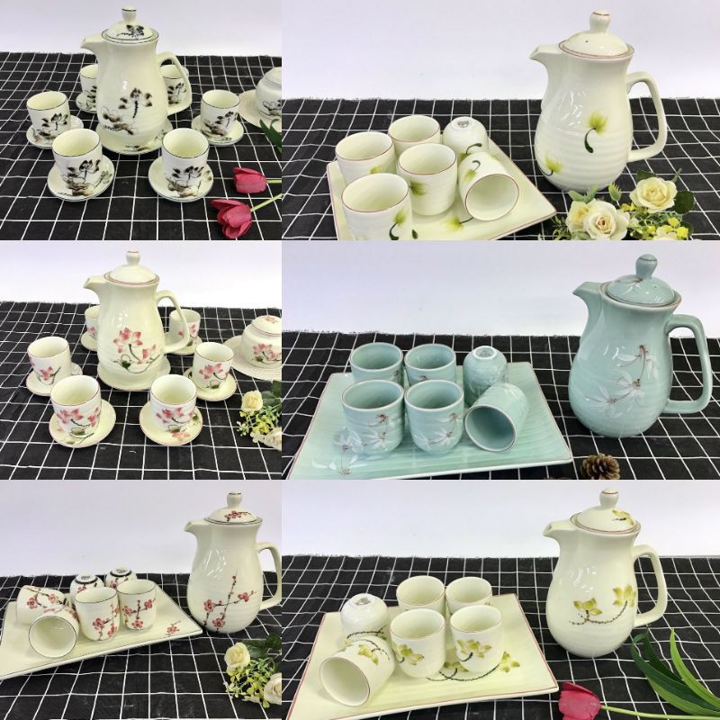 Bộ bình uống nước, uống trà xanh, trà lipton - Dung tích 1 lít - Gốm sứ Bát tràng.