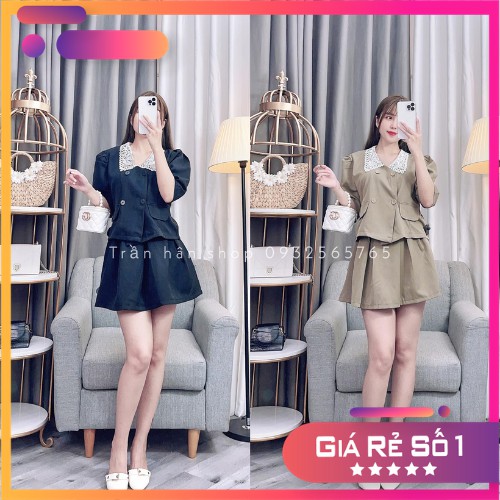 set bộ nữ áo vest cổ ren gài nút túi nắp kèm cv xếp ly siêu nhẹ nhàng💟MS:4011379