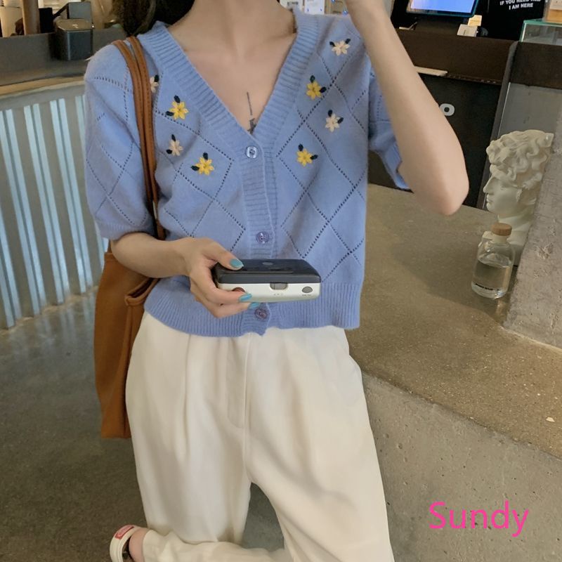 Áo Dệt Kim Tay Ngắn Thêu Họa Tiết Xinh Xắn Thời Trang Mùa Hè Cho Nữ