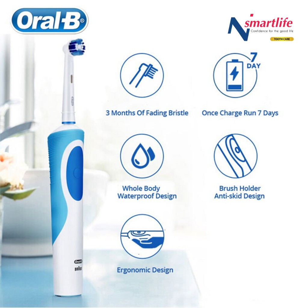 Bàn chải điện đánh răng tự động OralB D12 xanh dương làm sạch răng, hạn chế viêm nướu kèm hộp và nắp đậy du lịch