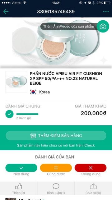 Phấn nước A'PIEU Air Fit Custion Xp Spf 50/PA+++ No 23 Natural Beige.