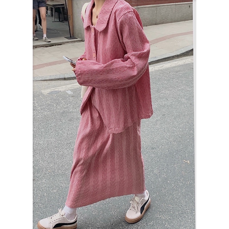 Set áo sơ mi + chân váy dài vintage phong cách hàn quốc siêu xinh