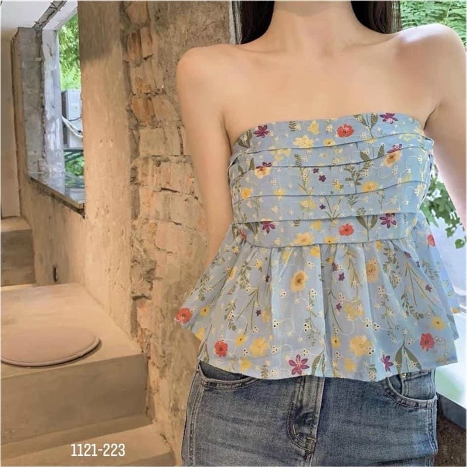 Áo quây nhún ngực hoa xanh ly xoè