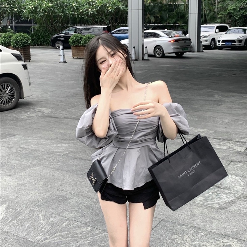 ÁO TRỄ VAI BASIC MÀU XÁM TIỂU THƯ SANG TRỌNG CHICGIRL ULLZANG