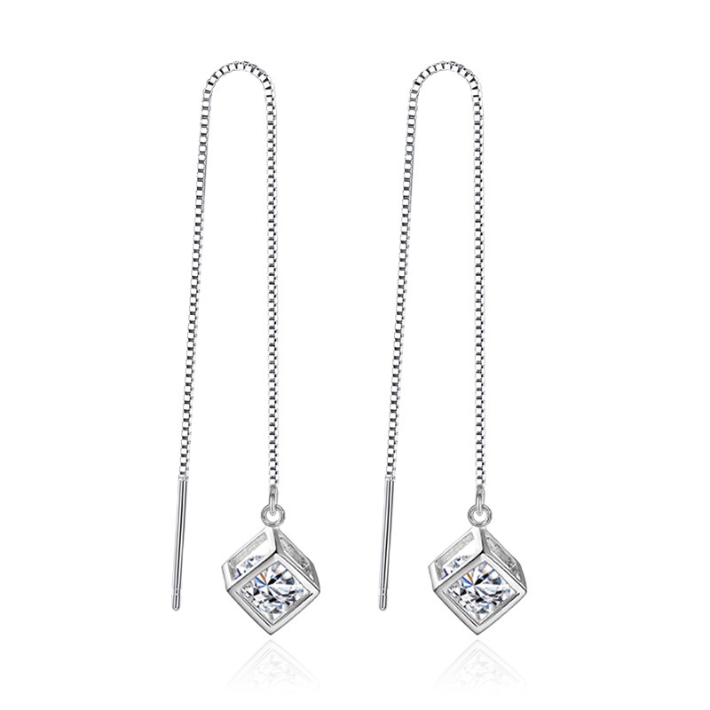 AIFEI♥ Silver 925 Original Box Ear Chain Korean Tassel Diamond Cube Long Earrings Fashion Simple Ear Line Ear Rings Lot-S1