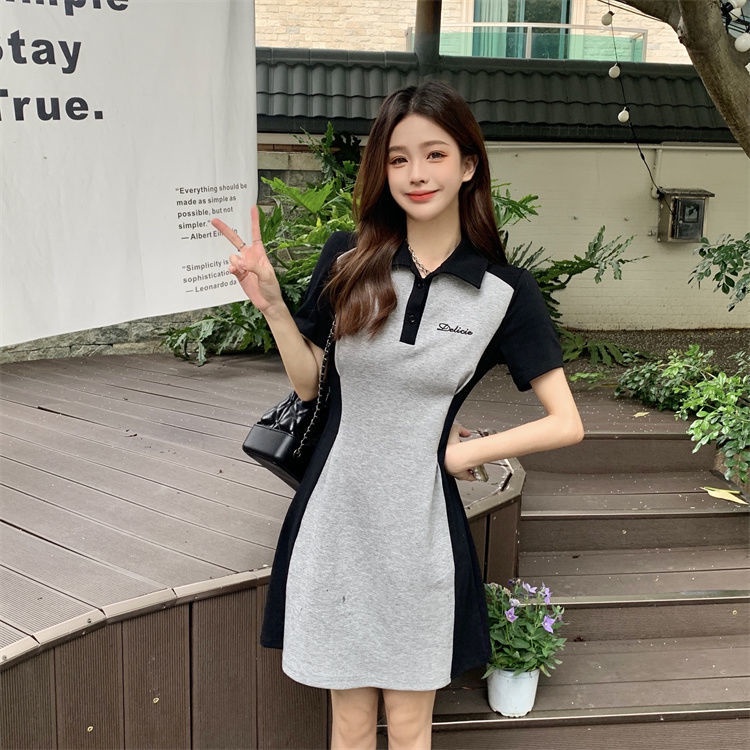 Đầm Cổ polo Tay Ngắn Dáng Ôm Màu Sắc Tương Phản Phong Cách Hàn Quốc Thời Trang Cho Nữ