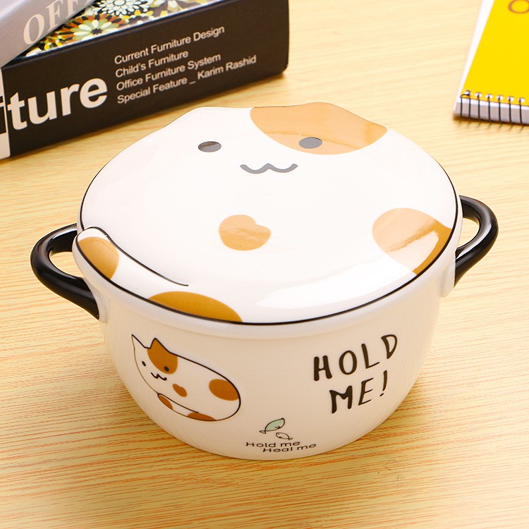 Bộ tô sứ Mèo Warm You kèm dĩa muỗng màu trắng cao cấp