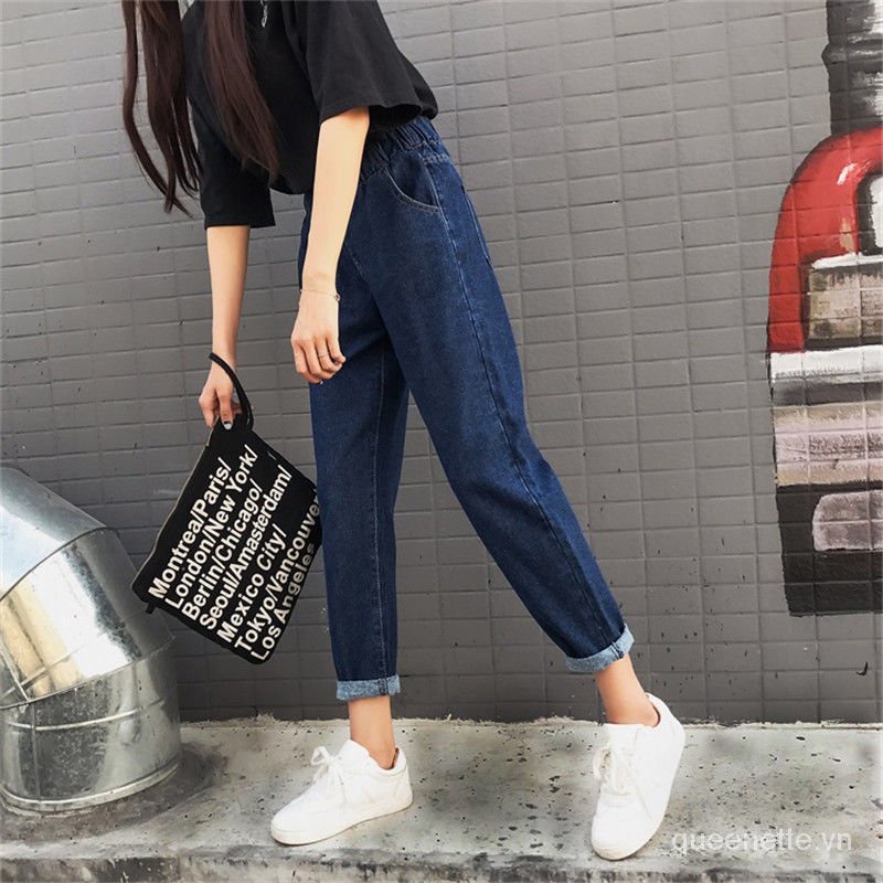 Quần jean ống rộng lưng thun màu sắc tối thời trang mùa hè cho nữ 2021 size lớn