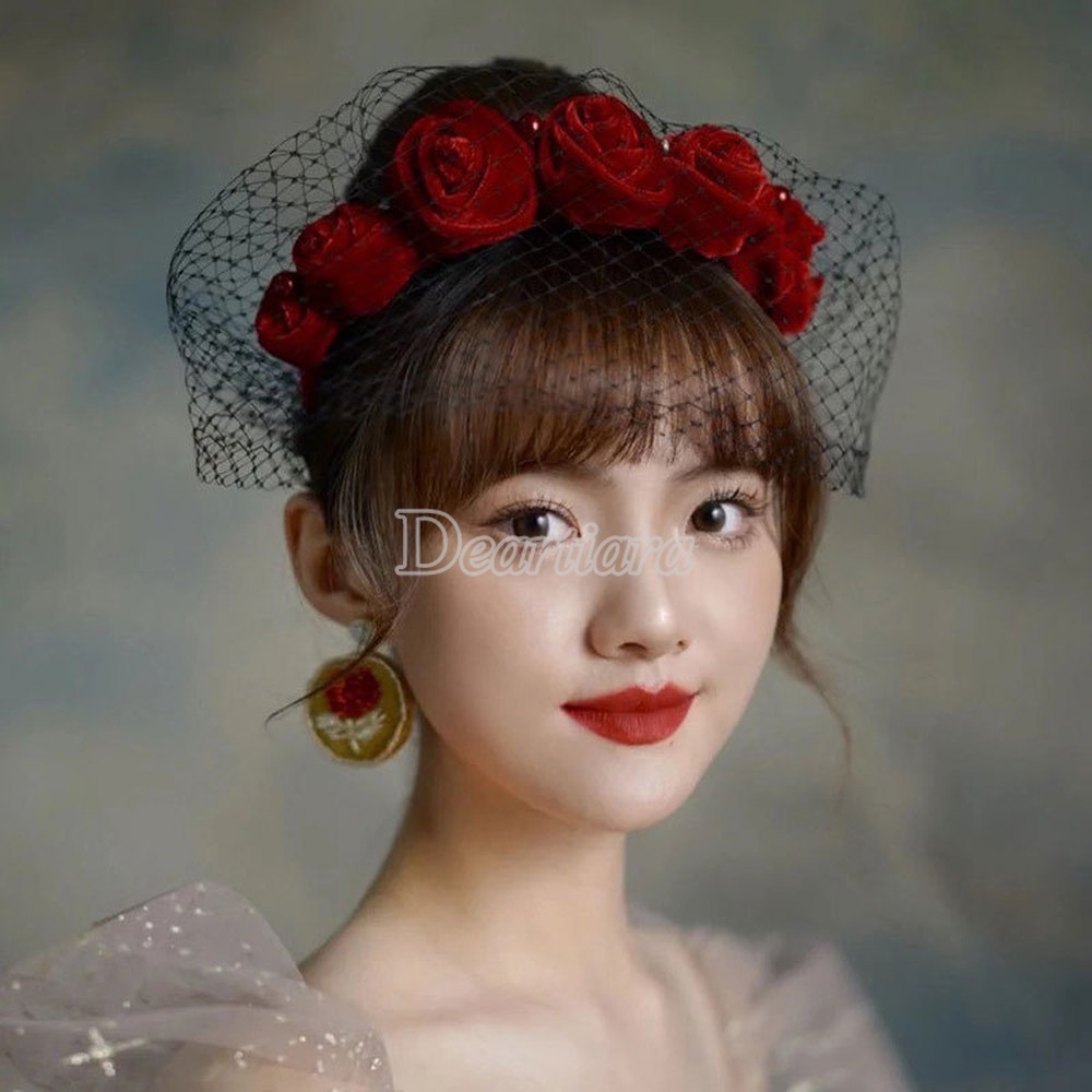 Băng Đô Cài Tóc Vải Lưới Đính Ngọc Trai Và Hoa Màu Đỏ Rượu Ngọt Ngào Cho Cô Dâu