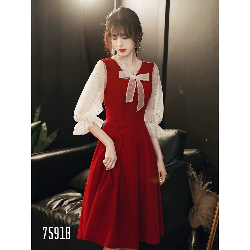 Đầm xòe nơ cổ chất đẹp phù hợp dự tiệc, diện Tết đủ size S,M,L,XL,XXL - 75910