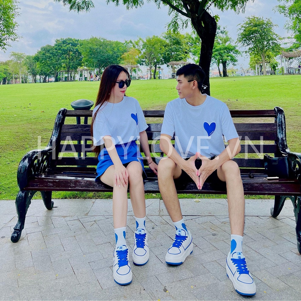 Áo phông đôi unisex nam nữ form rộng hình trái tim HAPPYLOVE, Áo thun cặp đôi chất liệu cotton Quảng Châu cao cấp mã H04