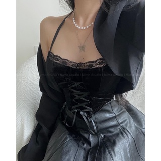 Áo croptop nhung viền ren thắt eo