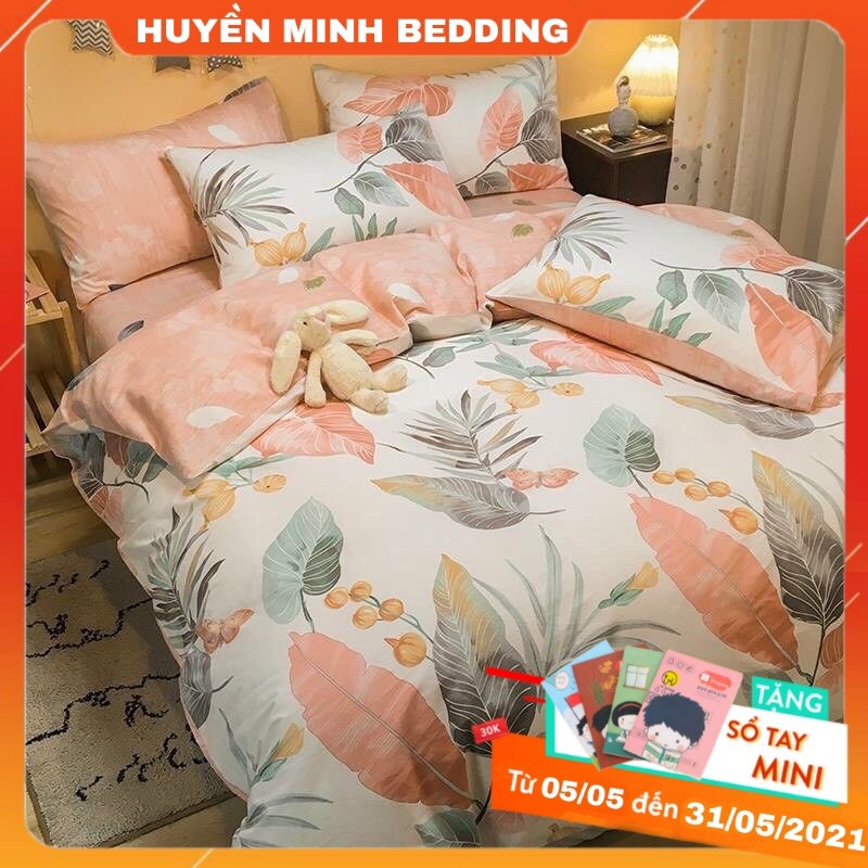 Bộ Chăn Ga Gối Lá Dong Hồng Poly Cotton Cao Cấp - Bộ Chăn Ga Gối Đệm 5 Món
