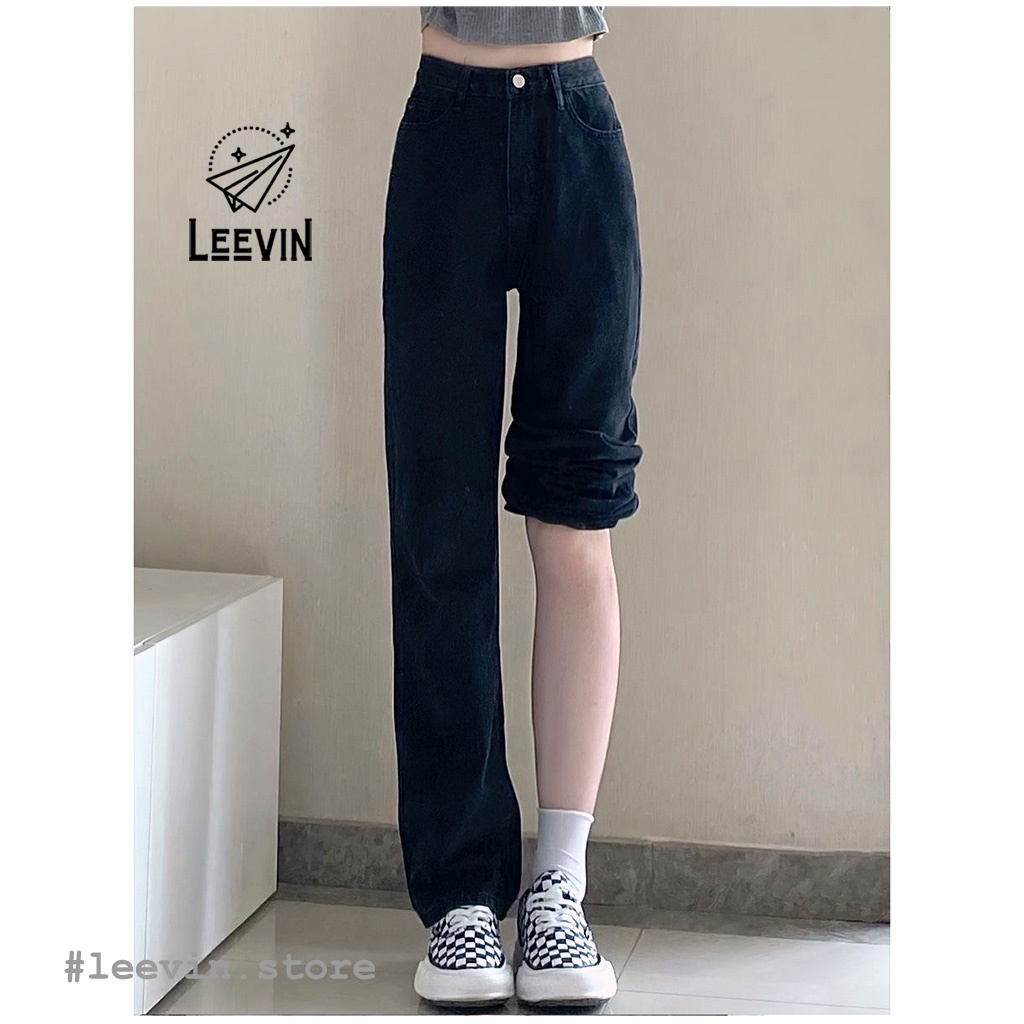 Quần Jean Ống Rộng Suông Lưng Cao Nữ Ulzzang - Kiểu quần bò ống đứng cạp cao màu đen trắng xanh Leevin Store