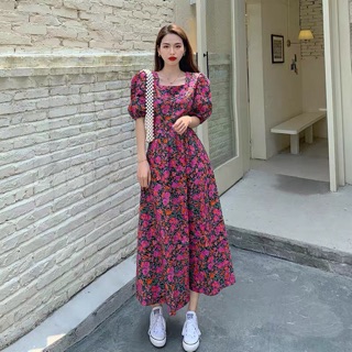(Ảnh thật) Váy đầm hoa nhí màu tím dáng xoè dài cổ vuông tay phồng thắt dây eo sang chảnh vintage đi tiệc du lịch