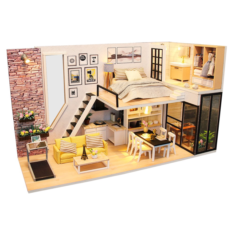Cutebee DIY Dollhouse, mô hình ngôi nhà búp bê thu nhỏ với đồ nội thất, khối đồ chơi giáo dục M38