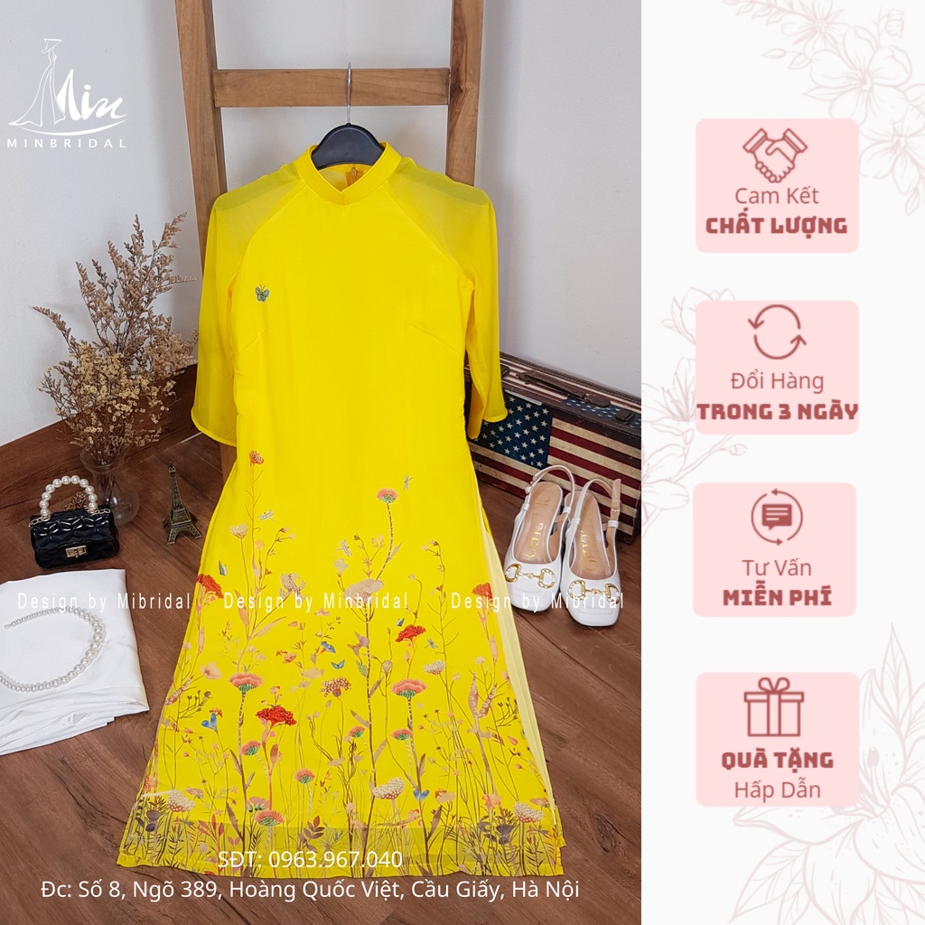 Ao Dài cách tân dáng xuông 4 tà chất liệu voan tơ óng in hoa văn màu vàng