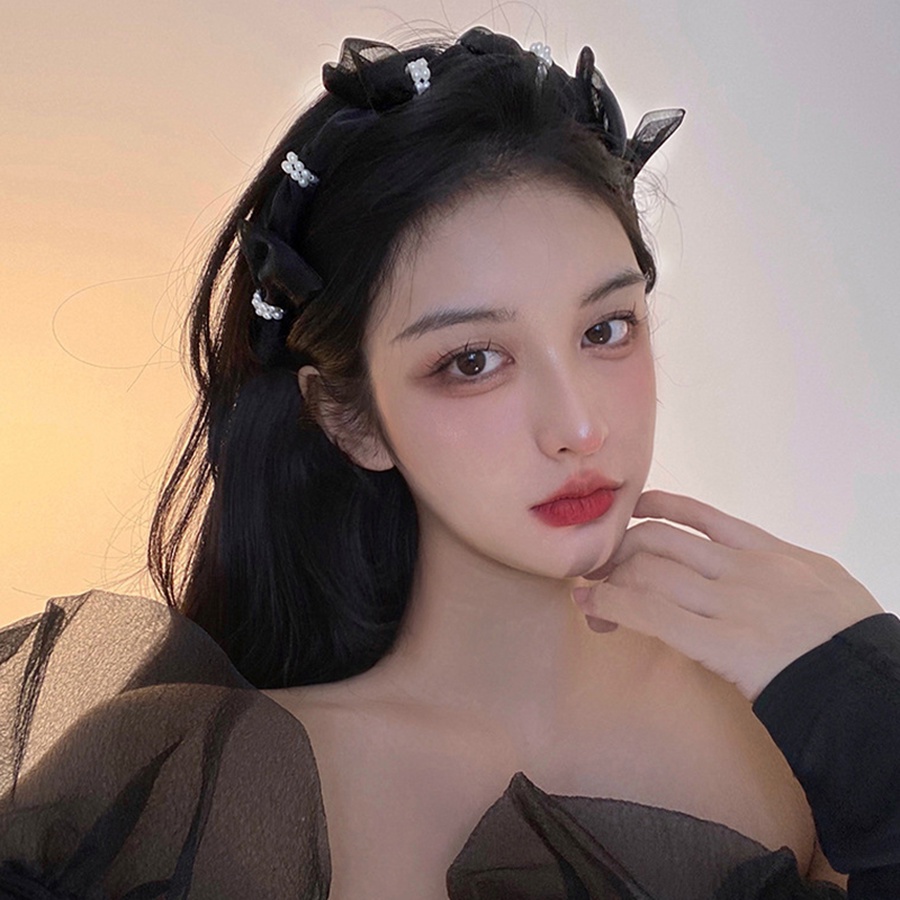 Băng Đô Cài Tóc Lưới Đính Nơ Ngọc Trai Ngọt Ngào Phong Cách Hàn Quốc Cho Nữ