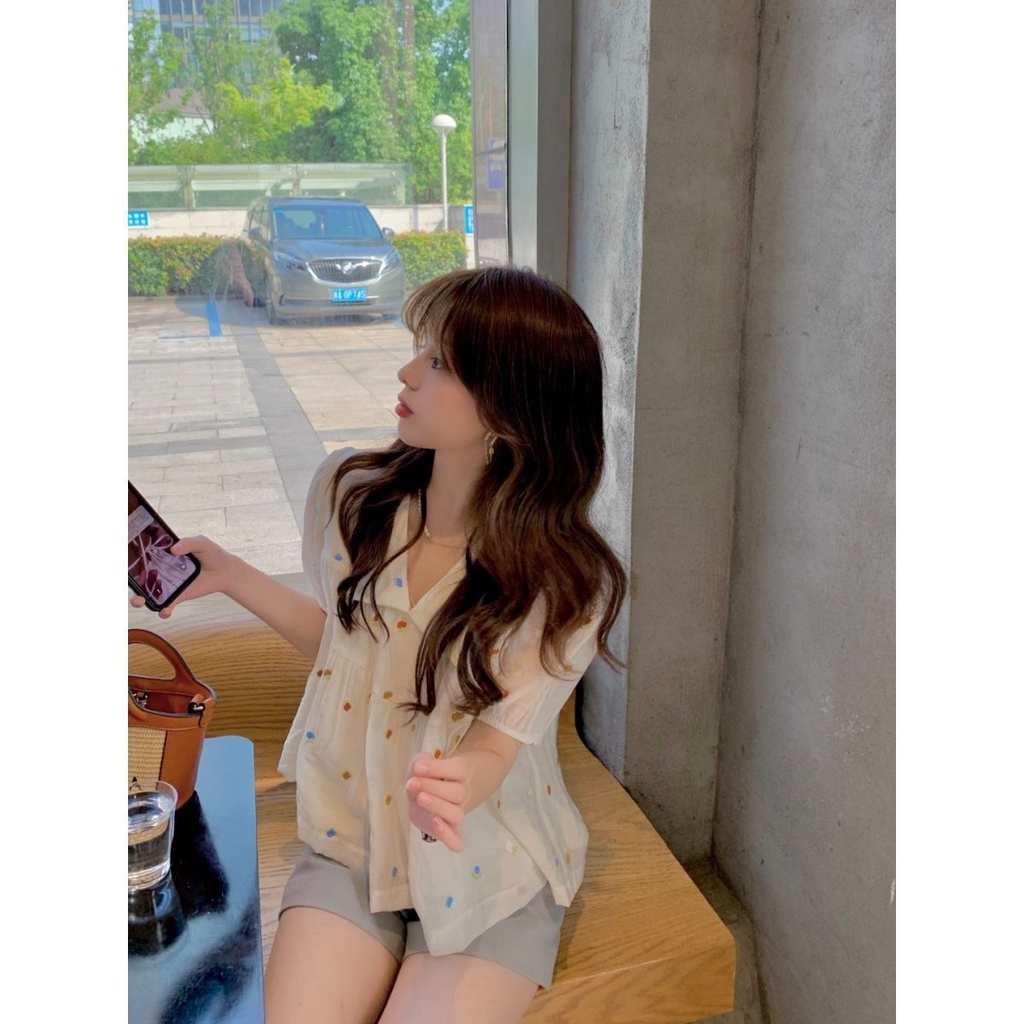 Bộ Áo chiffon Thêu Họa Tiết + Quần ngắn ống rộng Thời Trang Cho Mẹ Bầu