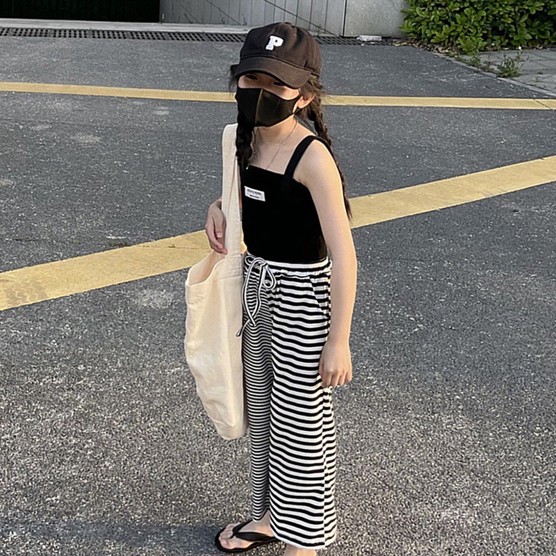 Quần Dài Lưng Thun Dáng Rộng Họa Tiết Kẻ Sọc Thời Trang Mùa Hè Phong Cách Hàn Quốc Cho Bé Gái
