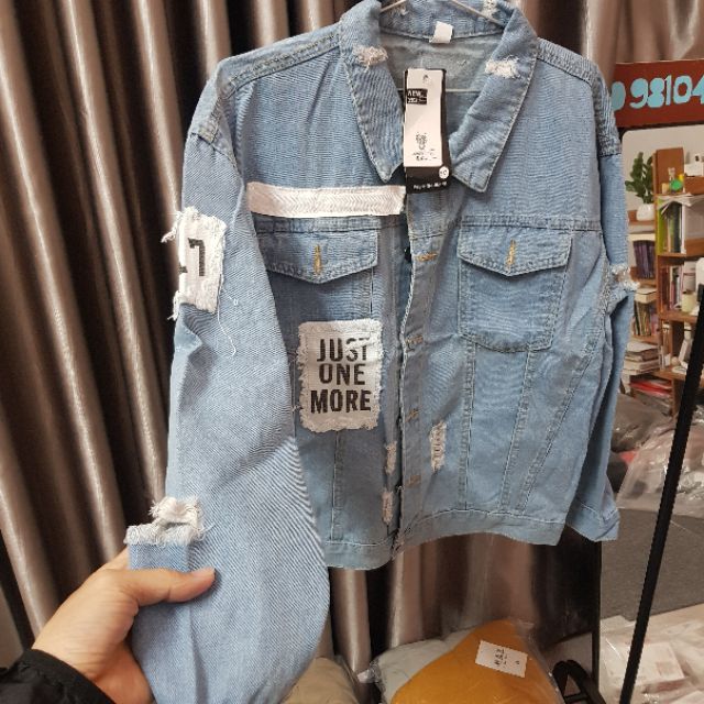 [ẢNH SHOP] Áo bò áo jean nam Just one more dáng rách oversize giá rẻ đẹp