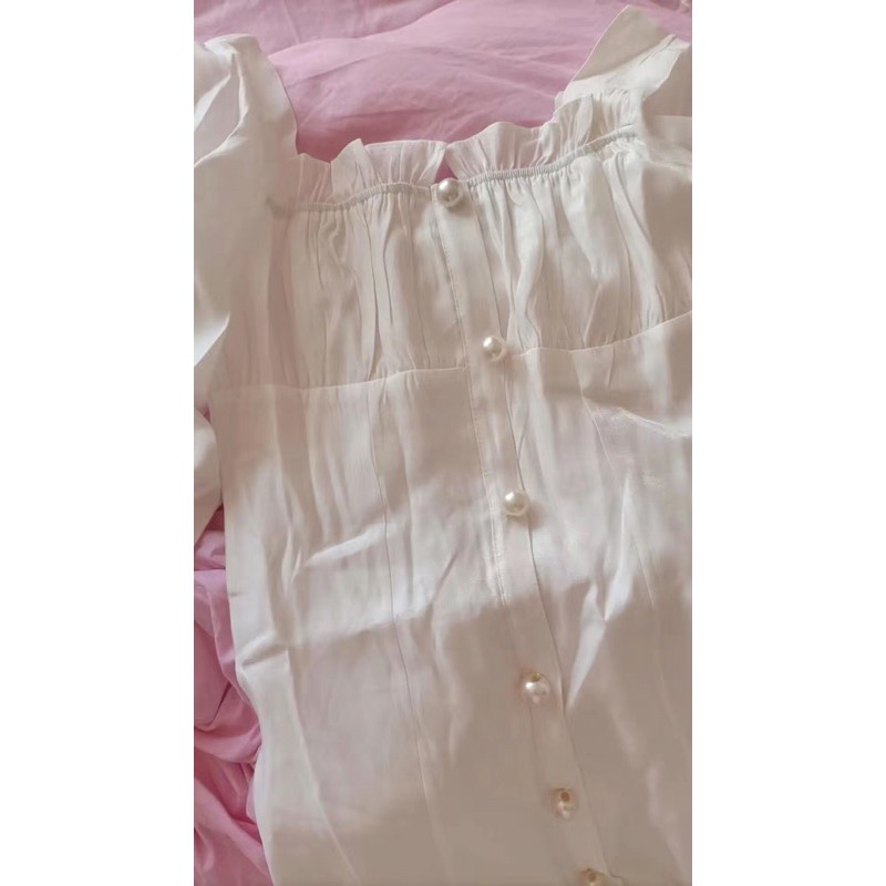 Váy trắng cổ vuông tay dài loe cúc ngọc dáng dài vintage [Ảnh thật 3-9] | BigBuy360 - bigbuy360.vn