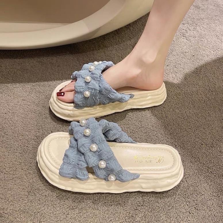 FREESHIP DÉP NỮ QUAI BÈO ĐÍNH NGỌC ĐẾ BÁNH MỲ CAO 3P ÊM CHÂN CLOVERLAND