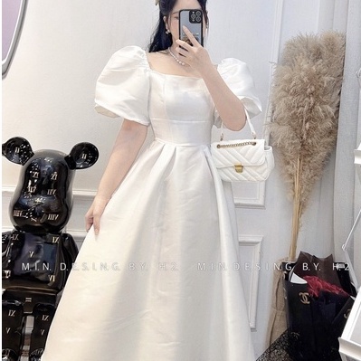 Váy trắng dài,váy trắng cổ vuông phối lơ sau lưng,đầm trắng xoè dự tiệc cưới sang chảnh chất vải không nhàu KIM039